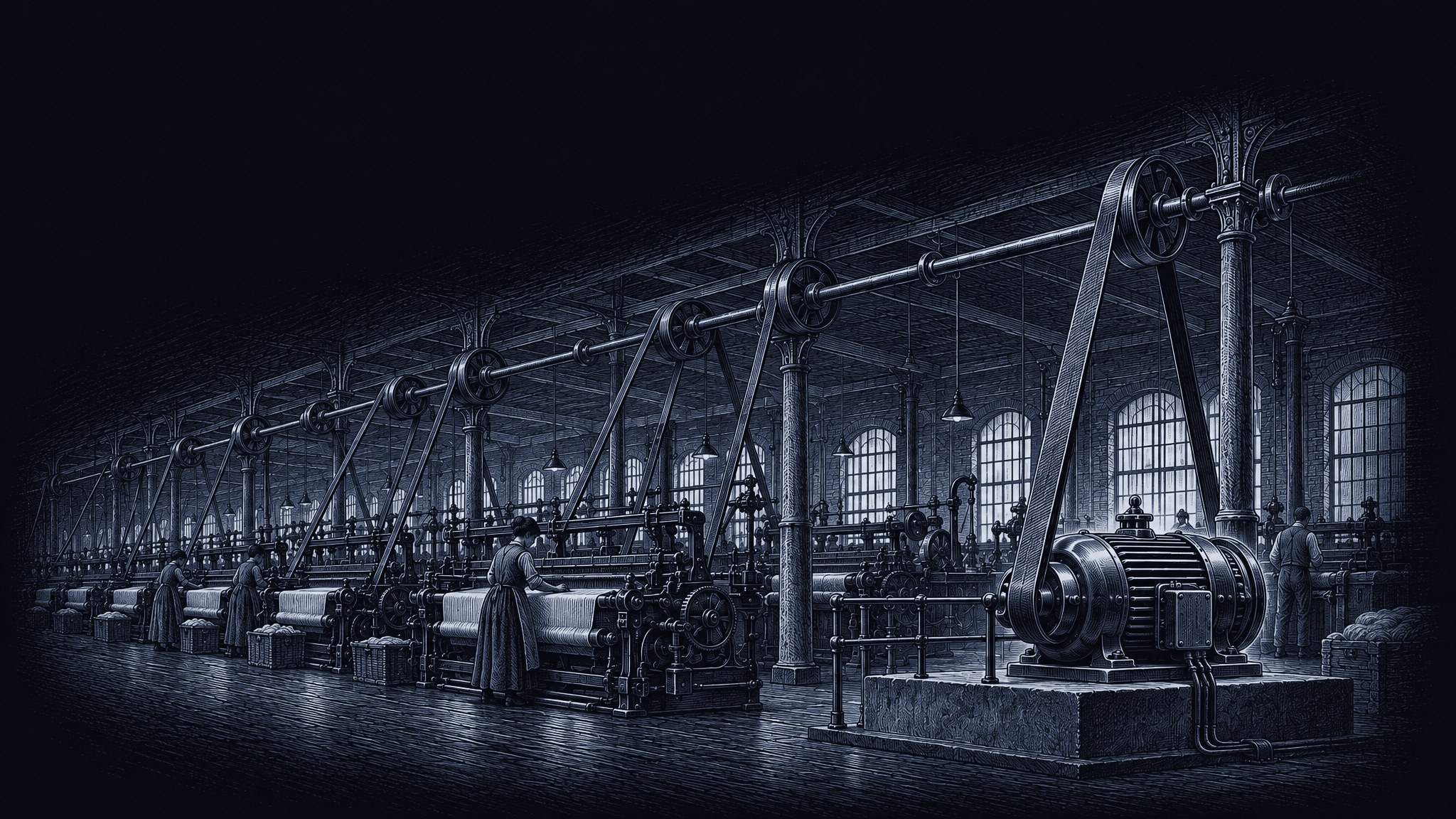 Illustration im Stil einer Radierung: Fabrikhalle um 1900, ein Elektromotor treibt die alten Wellen und Riemen an