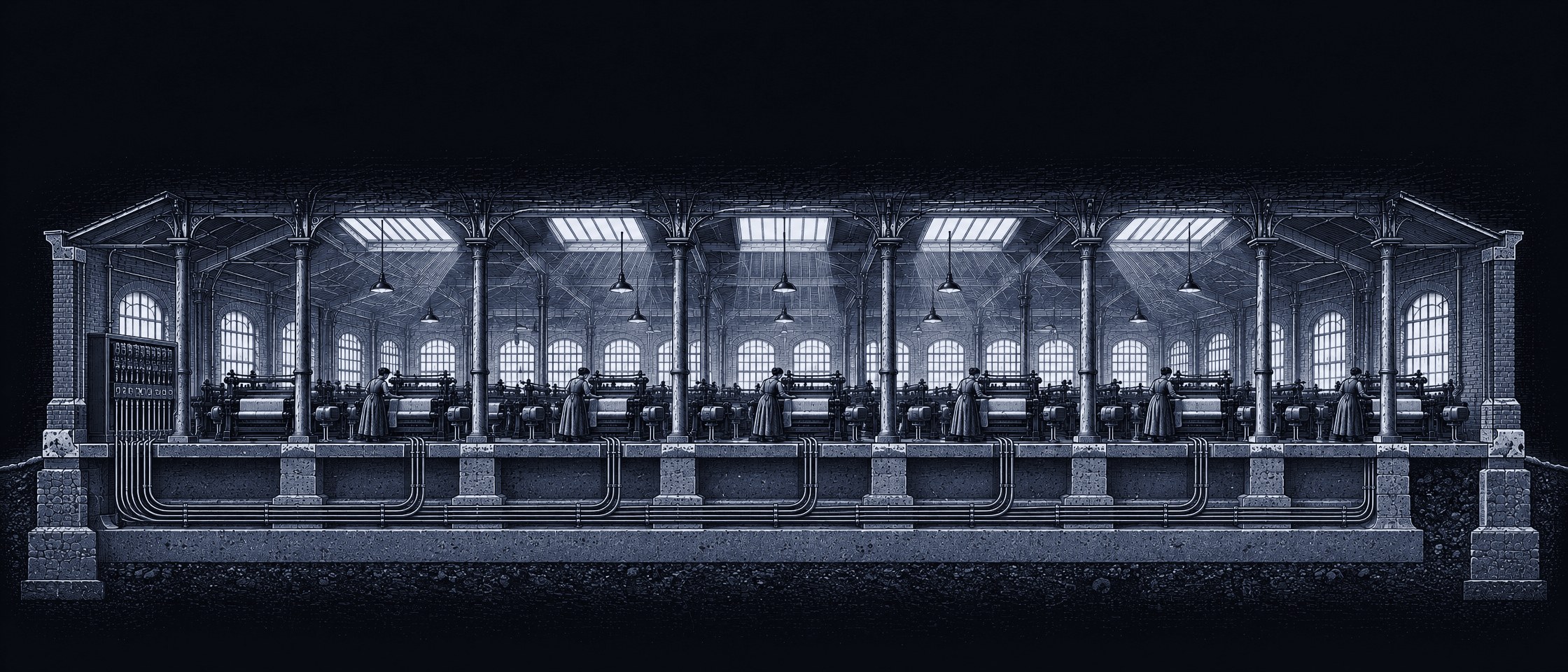Illustration im Stil einer Radierung: Schnitt durch die neue Fabrik, unter der Halle ein Fundament, aus dem Leitungen zu jeder Maschine führen