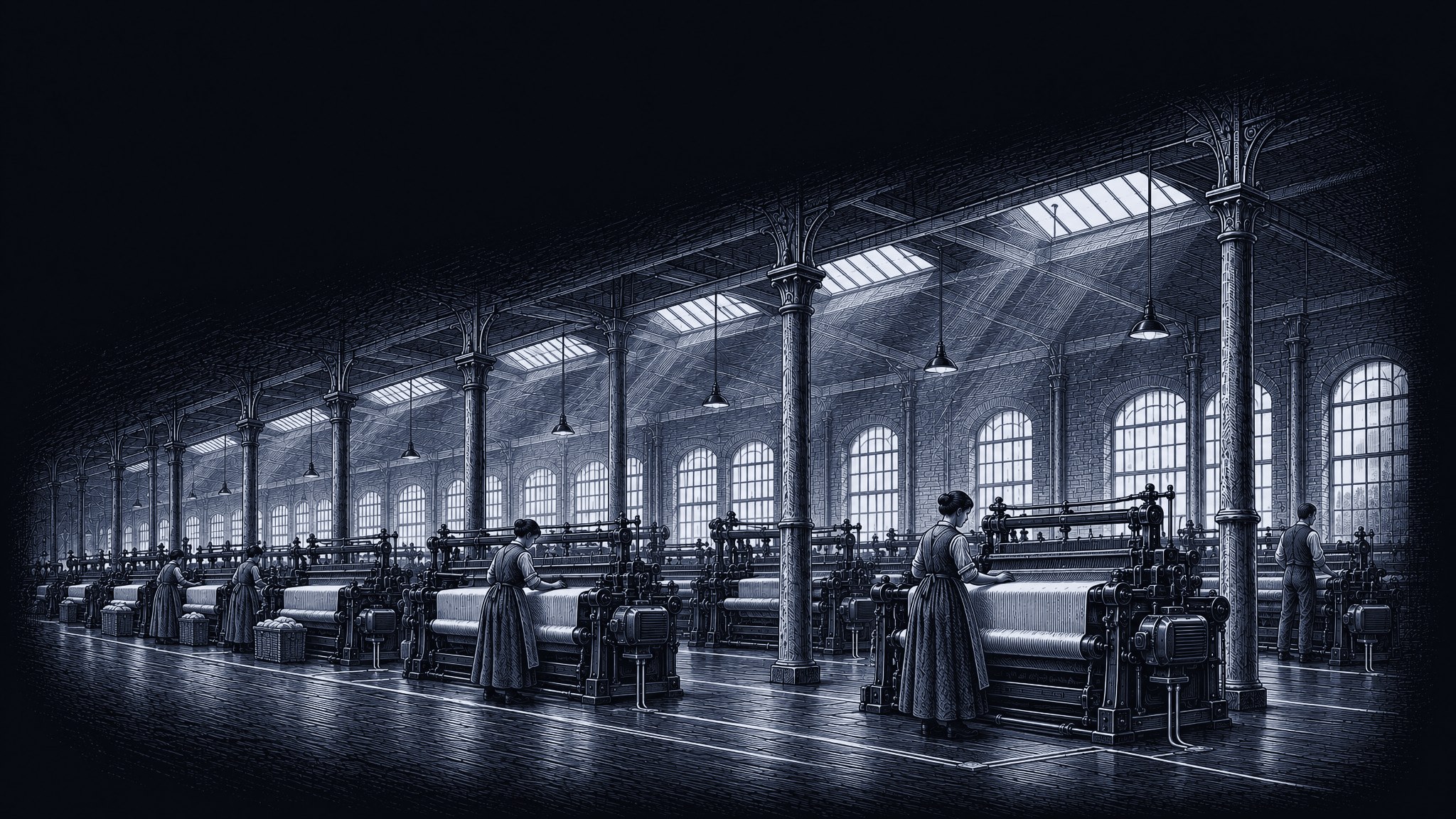 Illustration im Stil einer Radierung: dieselbe Halle umgebaut, jede Maschine mit eigenem Motor, ohne Wellen und Riemen