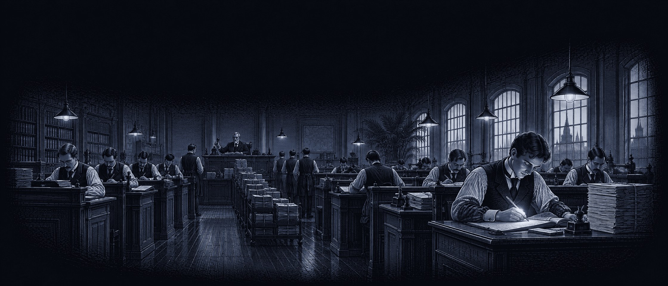 Illustration im Stil einer Radierung: Kontor um 1900, ein Schreiber schreibt mit leuchtendem Stift, hinten stauen sich die Akten vor dem Pult des Prokuristen