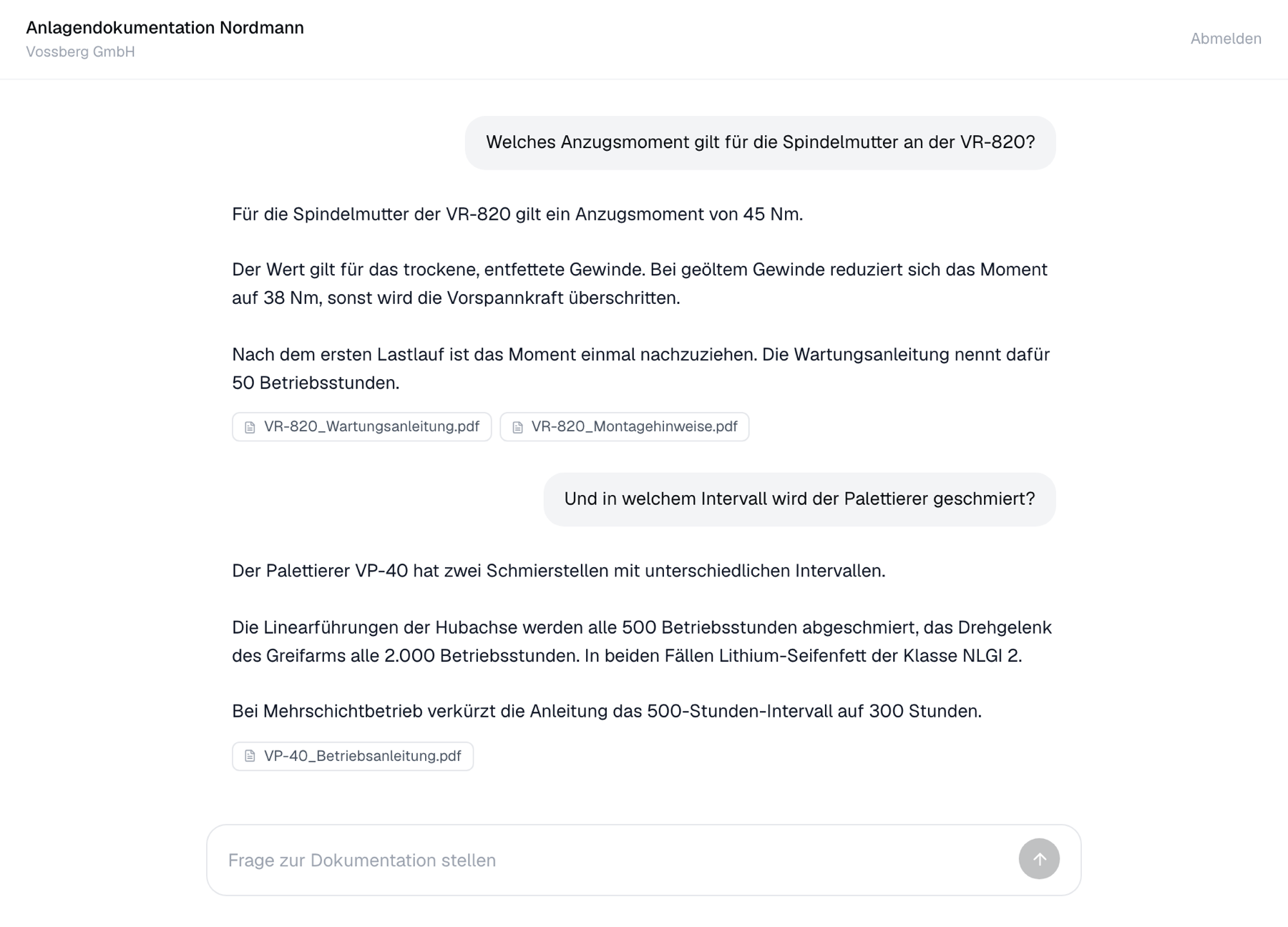 Kundenportal: zwei Fragen zur Wartung, beantwortet mit Anzugsmoment und Schmierintervall, jeweils mit den zugrunde liegenden Dokumenten