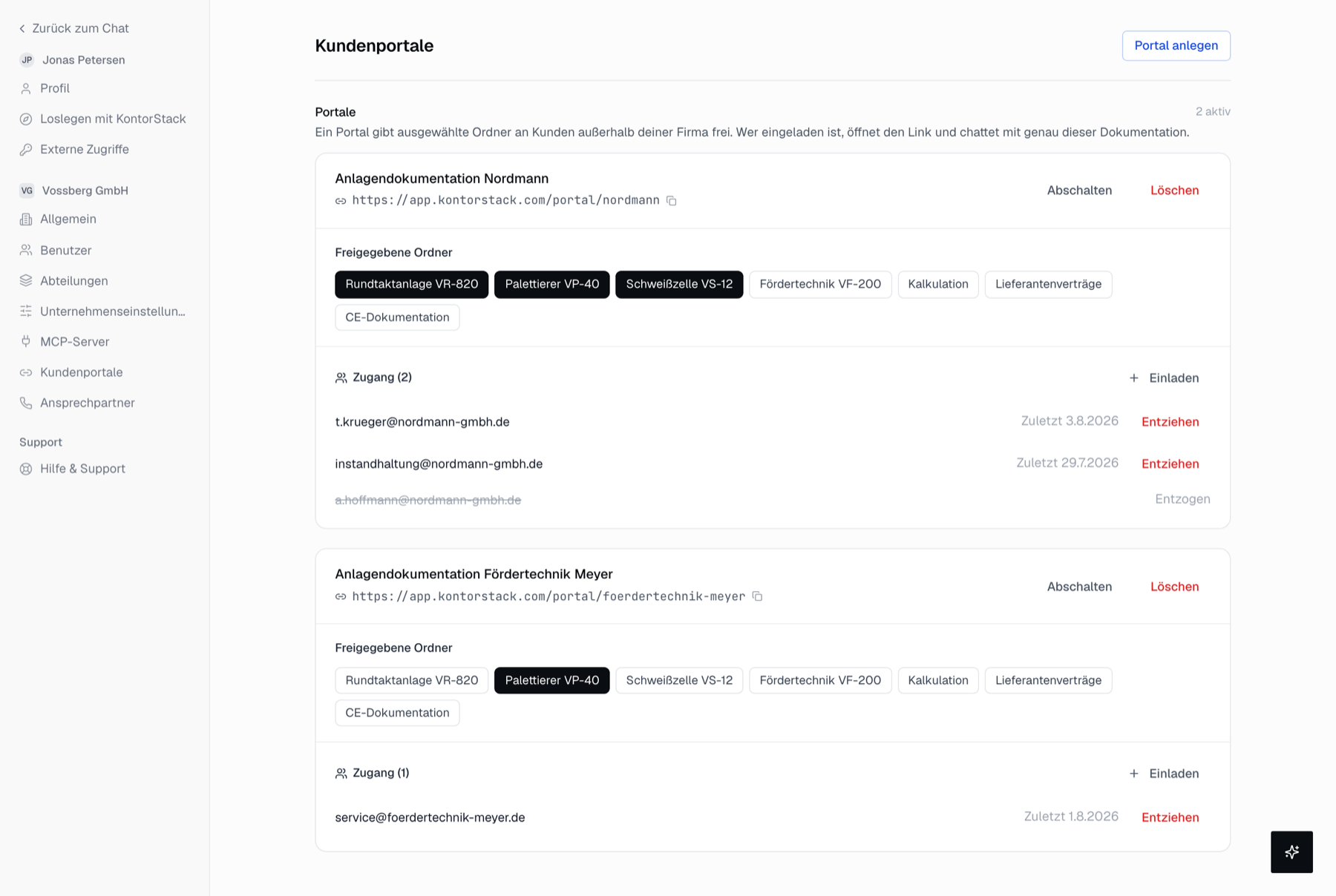 Verwaltung der Kundenportale: drei freigegebene Anlagen-Ordner, vier weitere bleiben aus, darunter die Zugangsliste